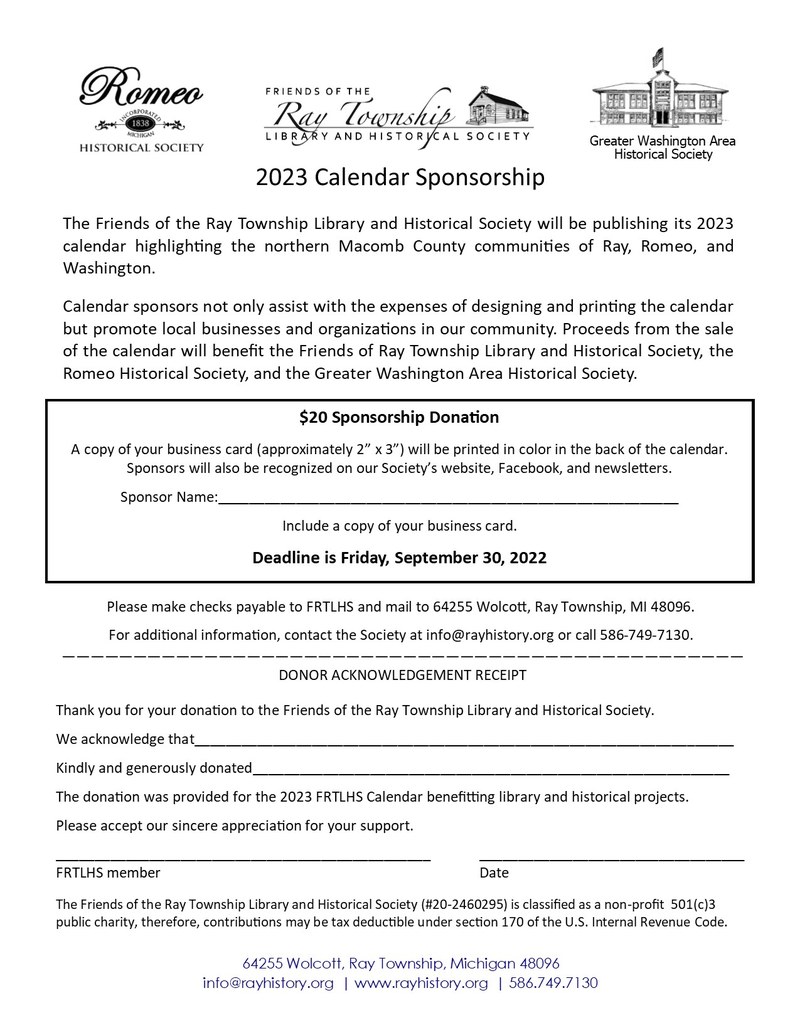 FRTLHS 2023 Calendar Sponsorship