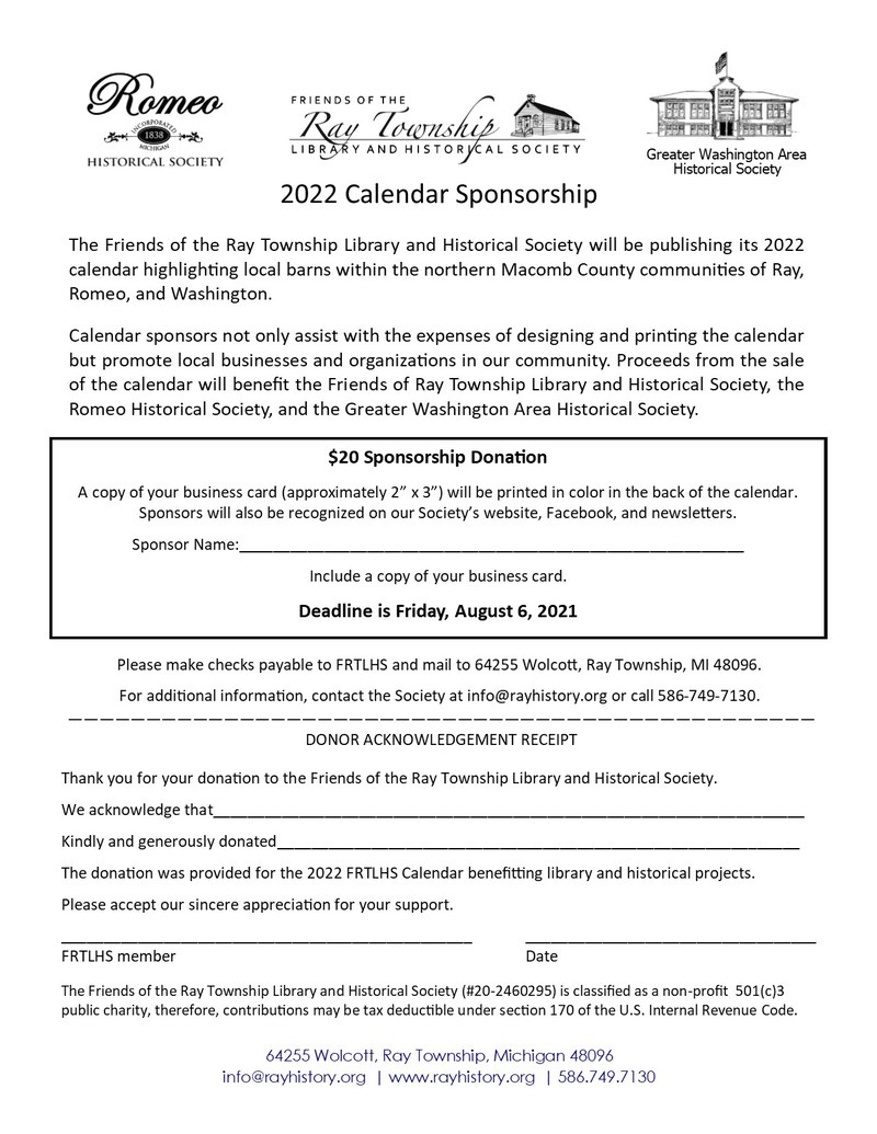 FRTLHS Seeking 2022 Calendar Sponsors