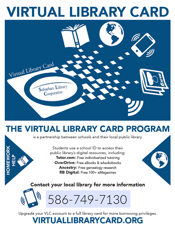 Graphic from Suburban Library Cooperative about the Virtual library program.  Links to Virtuallibrarycard.org